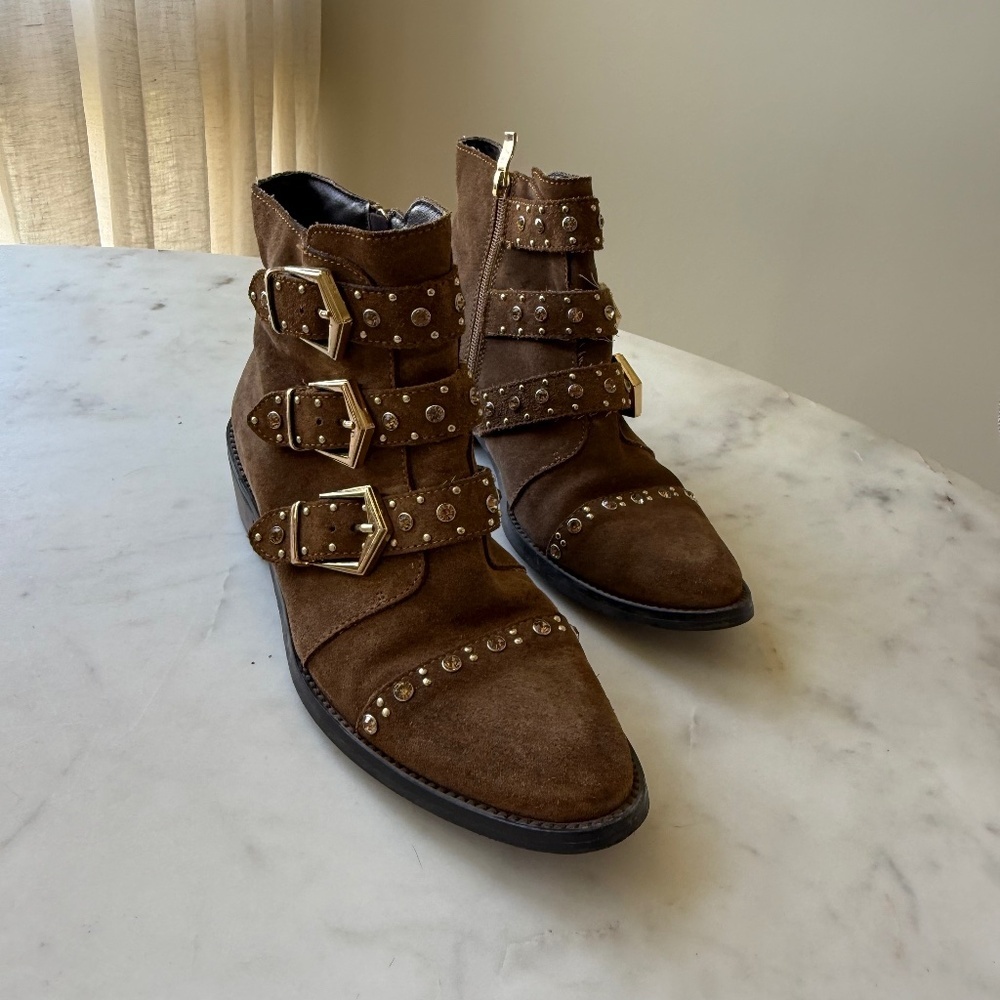 Studded Brown Ankle Boots with Buckles